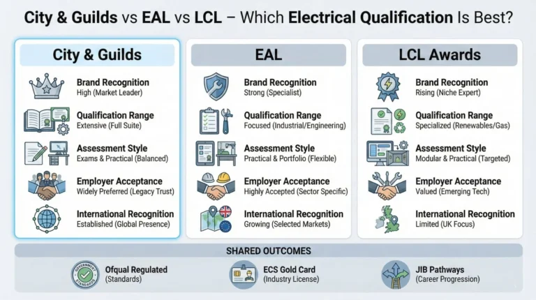 City & Guilds, EAL, and LCL electrical qualifications showing differences in recognition, assessment style, employer acceptance, and international reach.