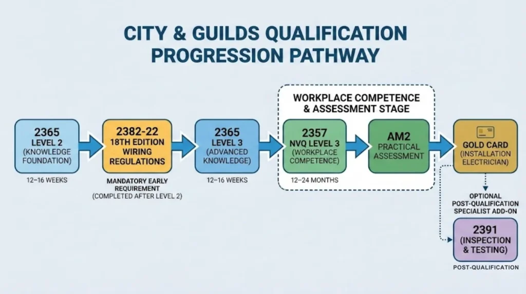 City & Guilds electrical qualification pathway from Level 2 and 18th Edition through Level 3, NVQ, AM2, and ECS Gold Card, with optional Inspection & Testing.