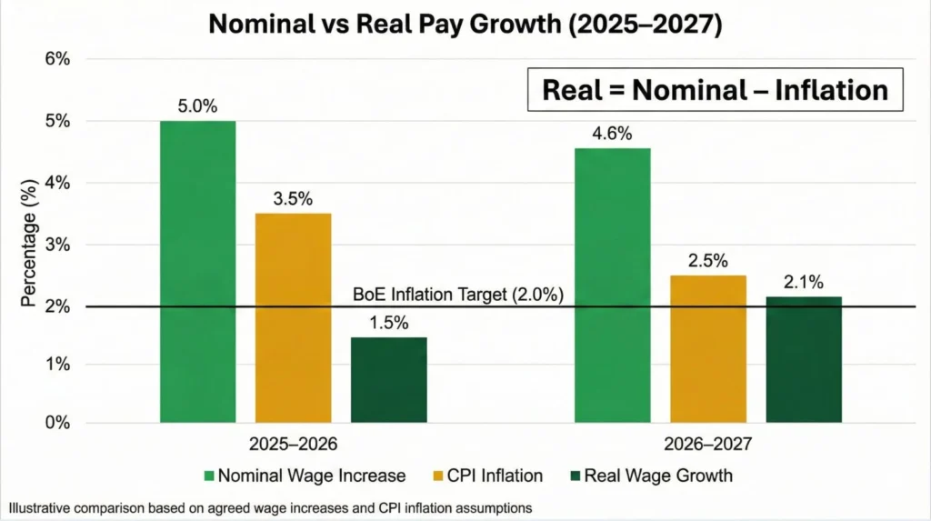 Clustered column chart showing JIB nominal wage increases (5.0%, 4.6%) versus CPI inflation (3.5%, 2.5%) delivering real wage growth (1.5%, 2.1%) for 2025-2027 period