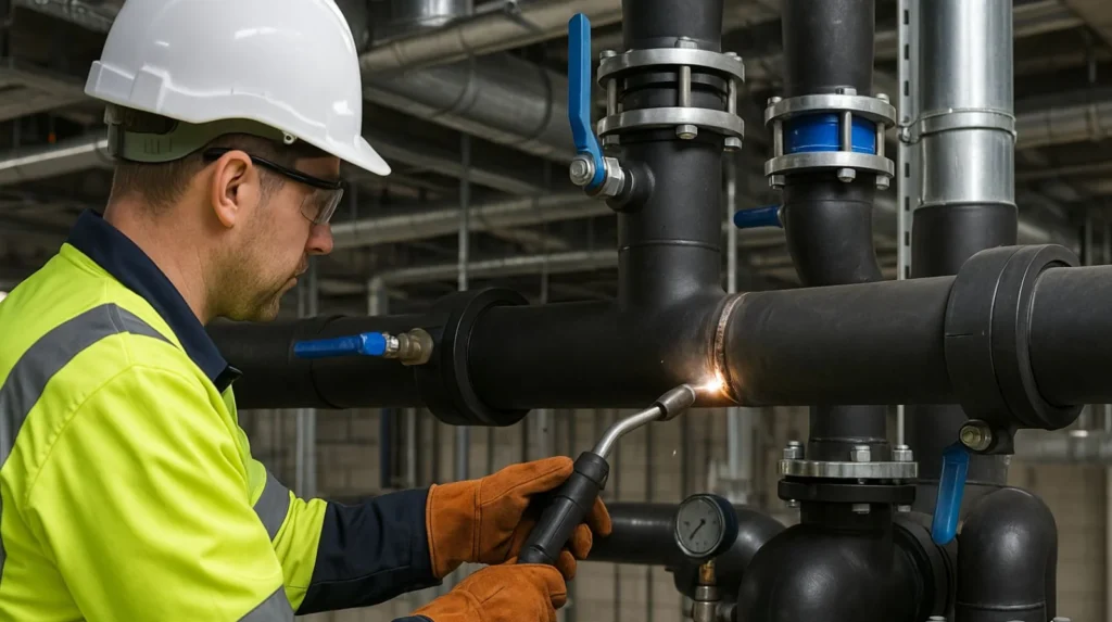 Commercial plumber working on HVAC pipework installation in UK construction site