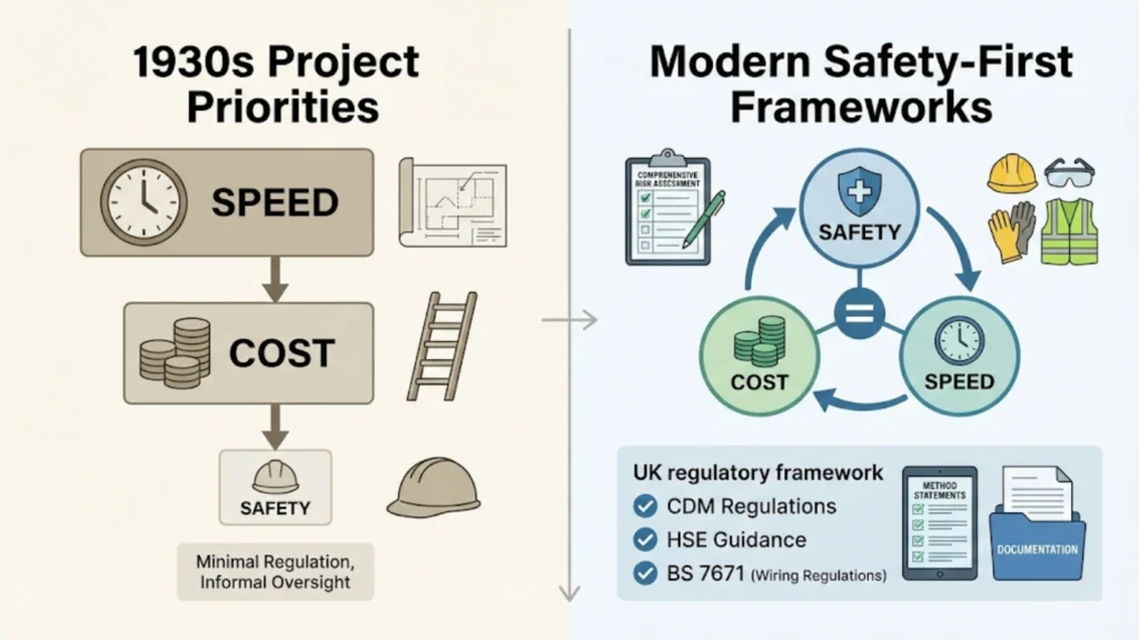 Comparison diagram showing 1930s construction priorities of speed and cost over safety versus modern UK frameworks where safety, cost, and speed are equally weighted