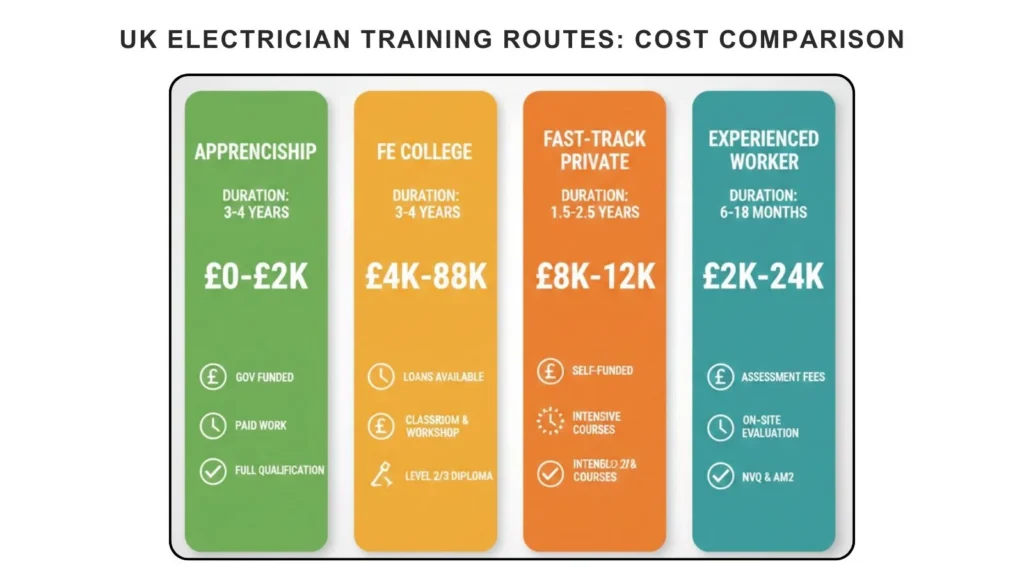 Comparison diagram showing cost ranges and duration for four UK electrician qualification routes from apprenticeship to experienced worker assessment