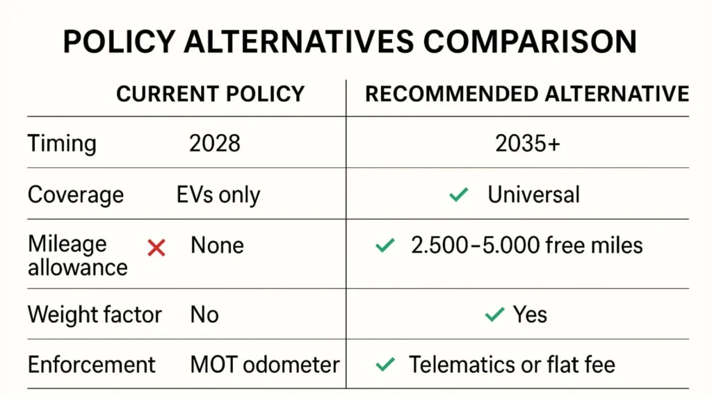Comparison infographic showing current EV pay-per-mile policy versus recommended policy alternatives for fairer taxation