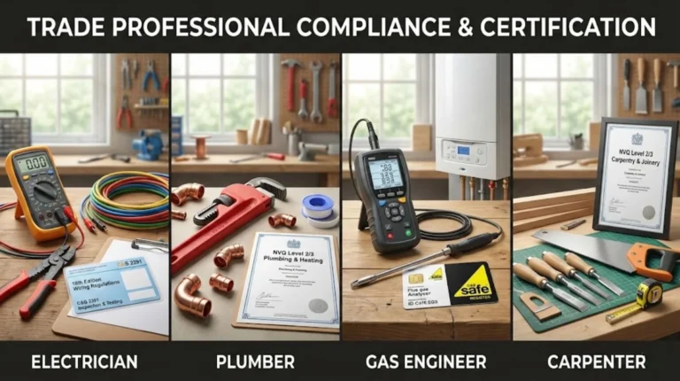 Comparison of tools and certifications for UK electricians, plumbers, gas engineers, and carpenters showing regulatory and competency differences