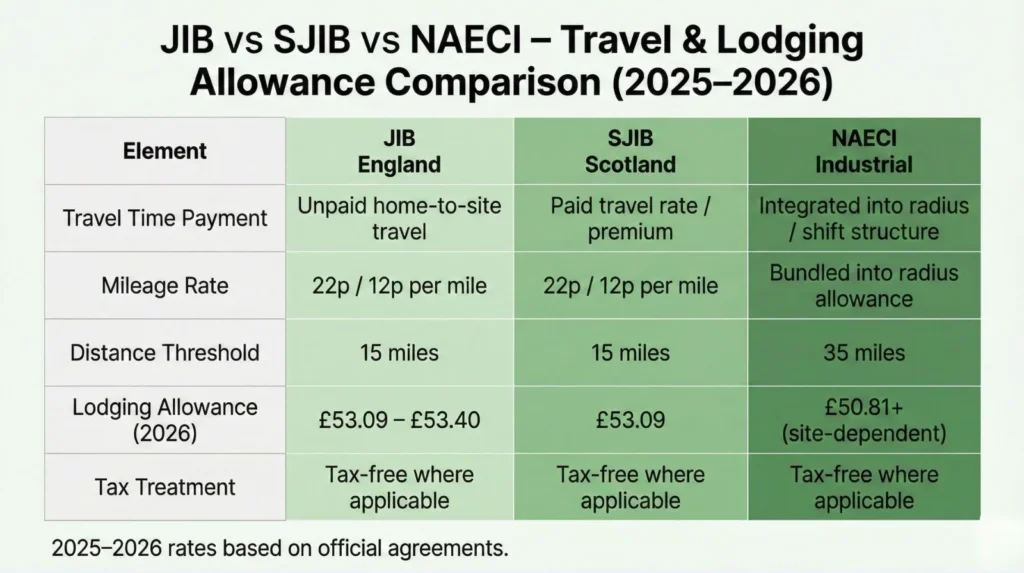 Comparison table showing JIB England, SJIB Scotland, and NAECI industrial frameworks for travel time payment, mileage rates, lodging allowances, with key differences highlighted