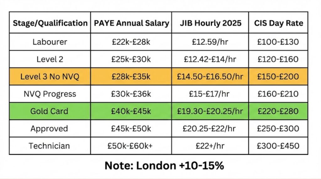 Comprehensive pay comparison table showing electrician earnings from Labourer through Gold Card to Technician across PAYE, JIB, and CIS employment types