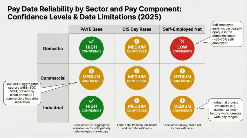 Data confidence matrix for sector pay showing: PAYE base (green/amber - ONS aggregates), CIS rates (amber - job boards), self-employed net (red domestic, amber others - survey estimates only)