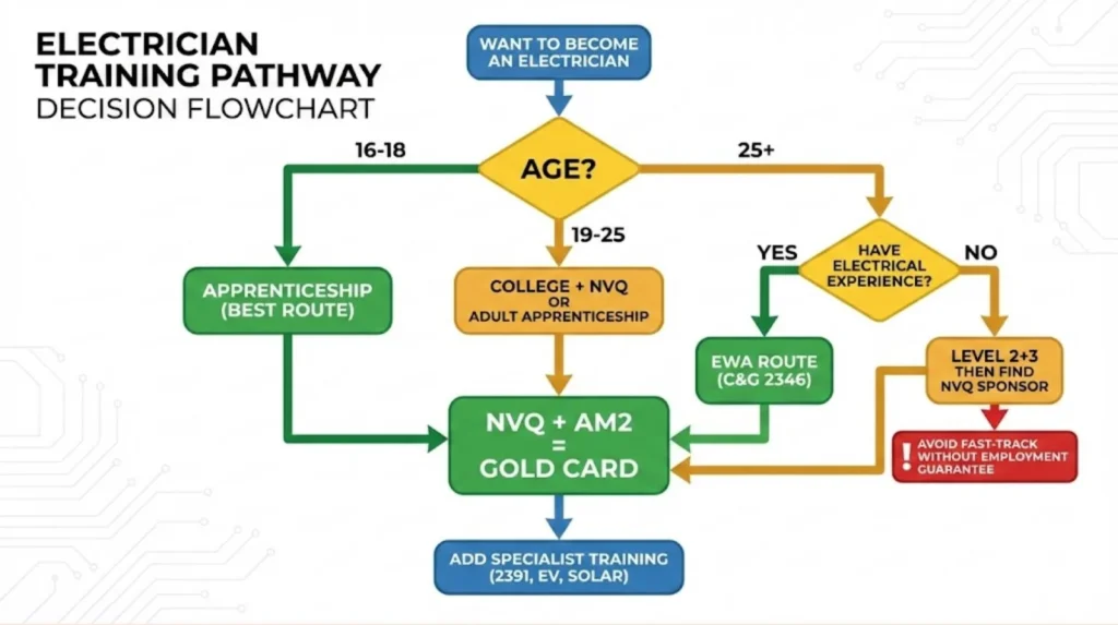 Decision flowchart for choosing optimal electrician training pathway based on age and employment status with apprenticeships highlighted as best route