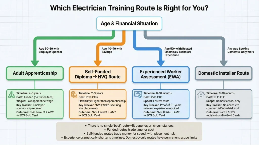 Decision tree flowchart showing four qualification pathways for women retraining as electricians based on age, financial situation, and career goals