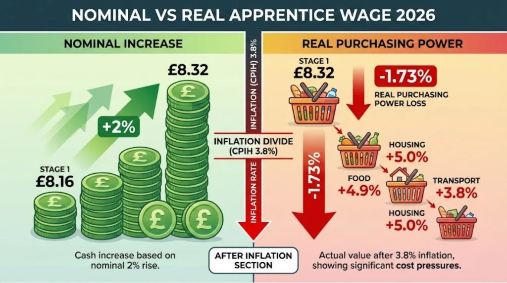 Diagram comparing nominal 2%JIB apprentice wage increase against real purchasing power showing -1.73_ loss due to 3.8 %CPIH inflation with food, housing, and transport costs rising faster than wages