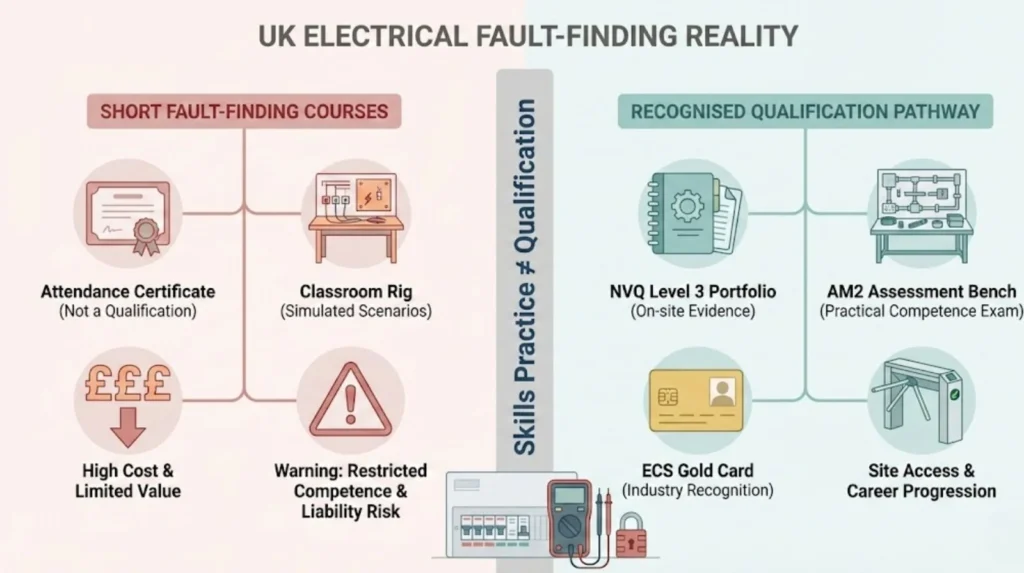 Diagram comparing short fault-finding courses with the recognised UK electrical qualification pathway and real workplace competence.