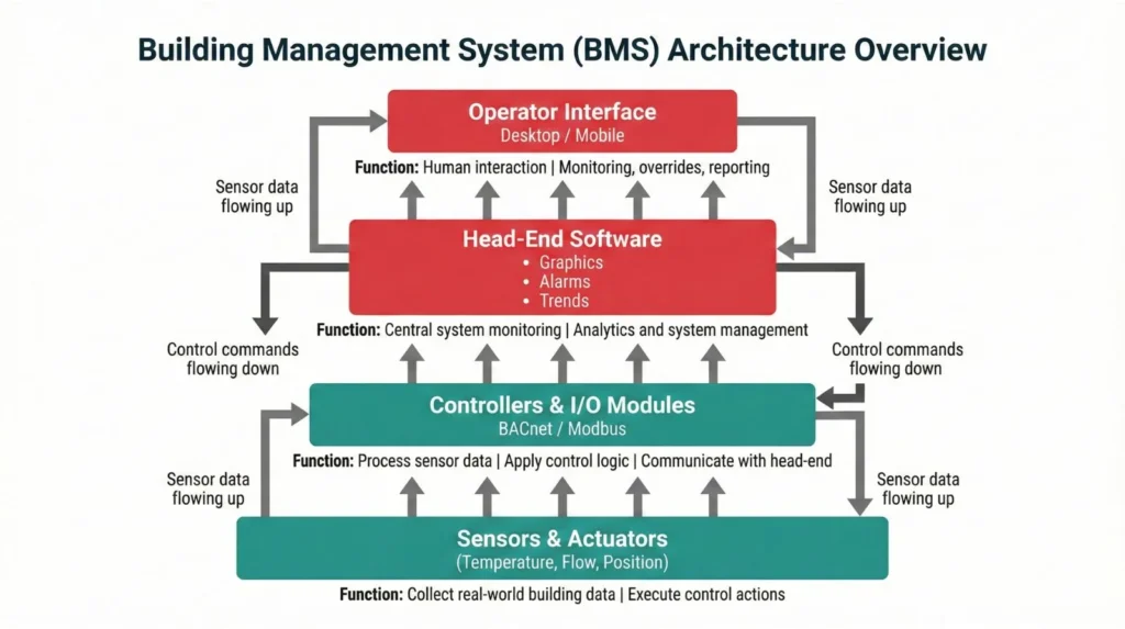 Diagram showing Building Management System architecture from sensors and controllers to head end software and operator interface.
