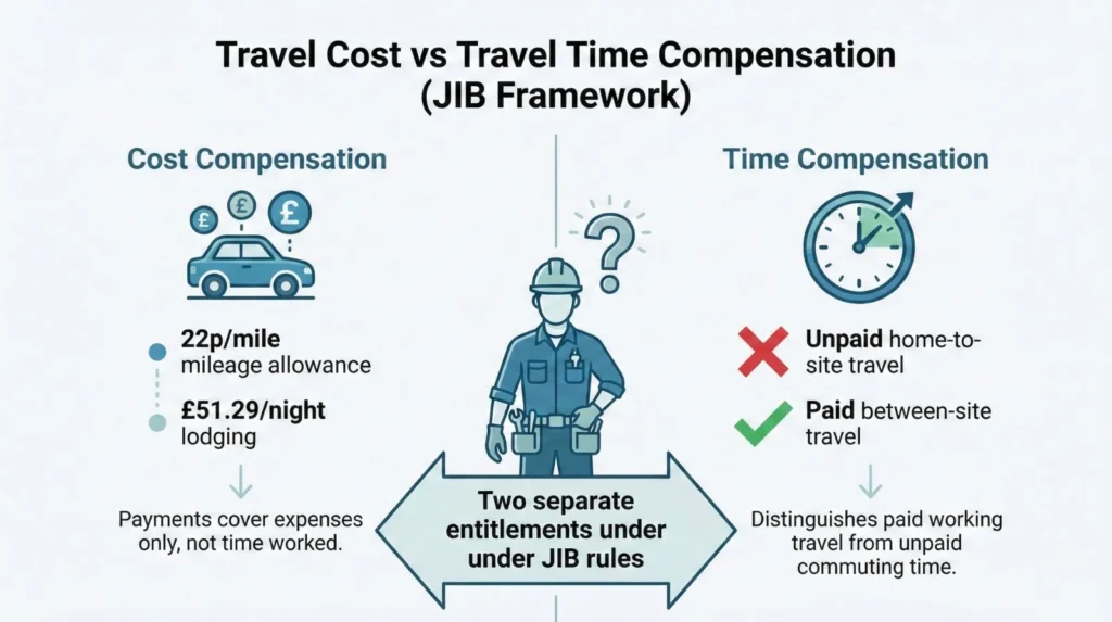 Diagram showing JIB travel rules distinguish between cost compensation (mileage and lodging allowances) and time compensation (paid travel hours), with home-to-site travel unpaid