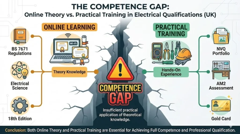 Diagram showing gap between online electrical theory knowledge and practical hands-on competence required for electrician qualification