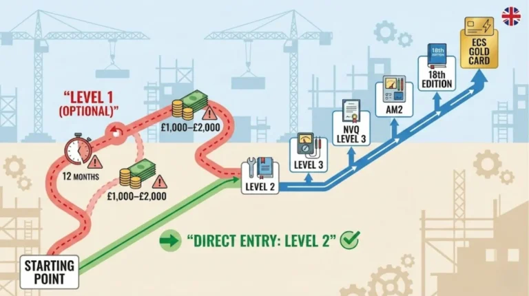 Diagram showing optional Level 1 versus direct entry at Level 2 in the UK electrical qualification pathway, with time and cost comparisons.
