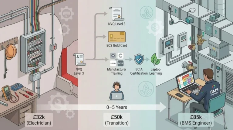 Diagram showing progression from electrician to BMS engineer, including NVQ Level 3, ECS Gold Card, specialist training, and salary growth.