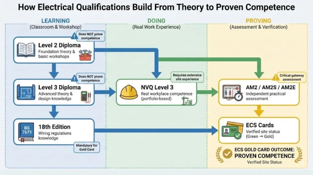 Diagram showing the UK electrical qualification pathway from Level 2 and Level 3 diplomas through NVQ Level 3, AM2 assessment, and 18th Edition, leading to ECS Gold Card proven competence.