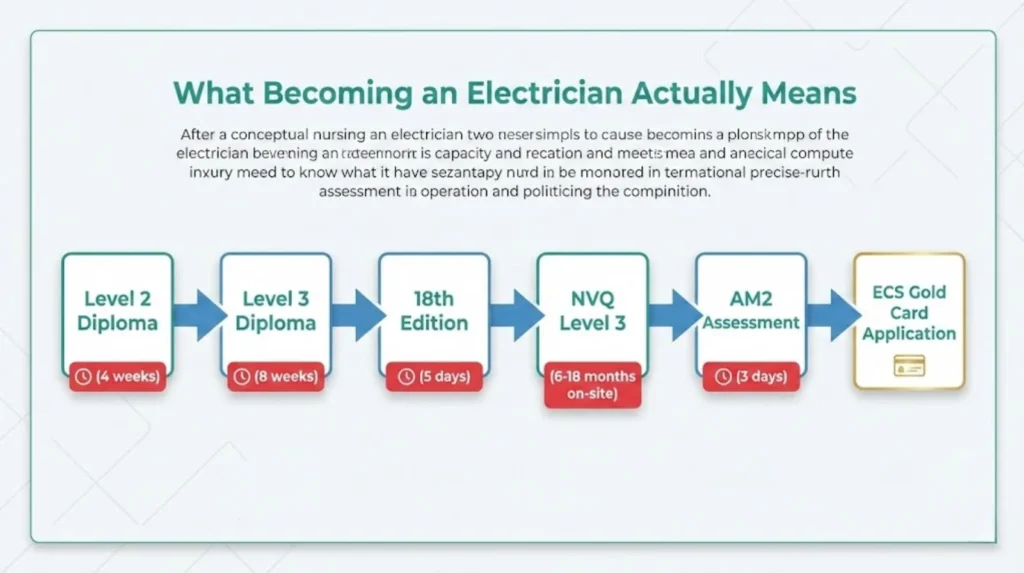 Diagram showing the steps to become a qualified electrician, from Level 2 Diploma to ECS Gold Card.
