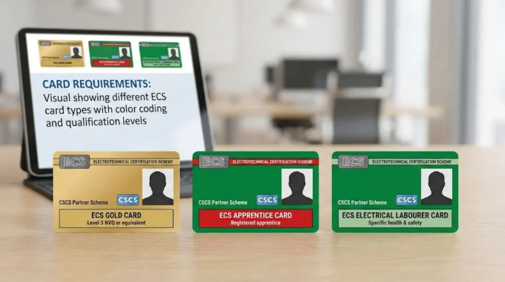 Display showing different ECS card types, including Gold Card, Apprentice Card, and Electrical Labourer Card, with color-coded levels.