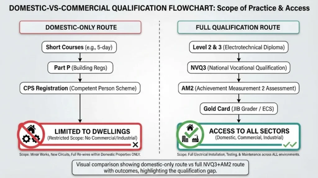 Domestic-only vs full electrician qualification route flowchart
