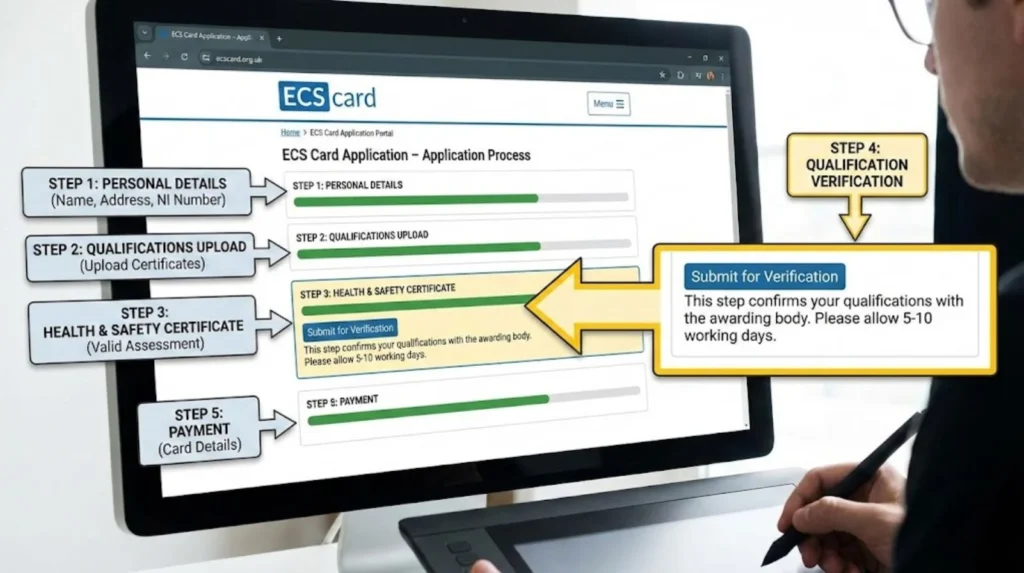 ECS card online application process with steps for personal details, qualifications upload, health and safety, verification, and payment.