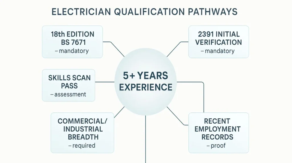 EWA 2346 eligibility requirements diagram showing 5-year experience threshold, 18th Edition, testing qualification, and breadth criteria