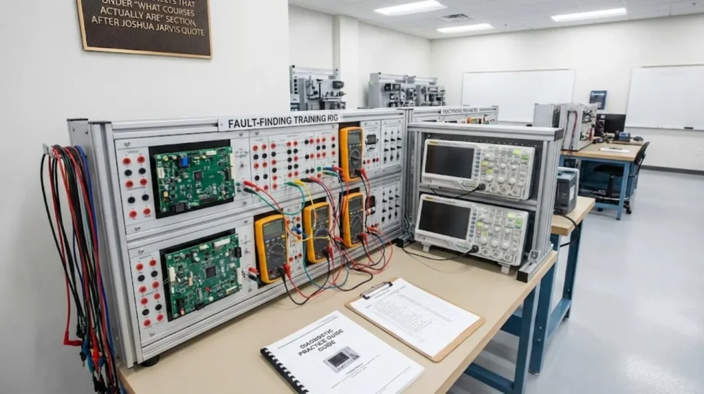 Electrical fault-finding training rigs with test meters and diagnostic equipment in a classroom.