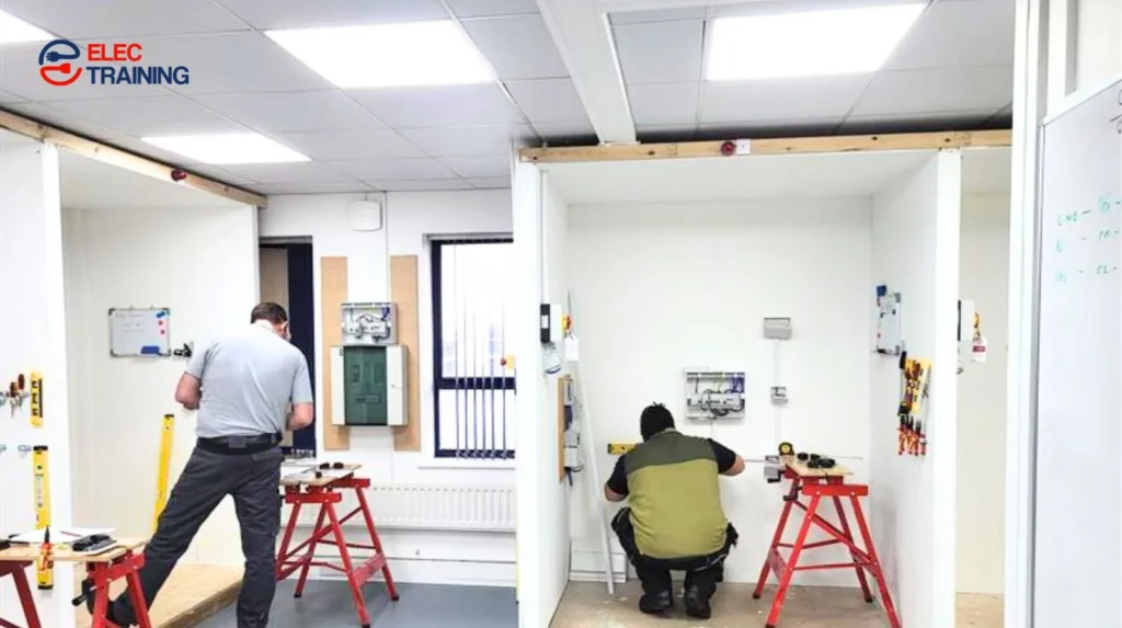 Electrical training classroom with trainees learning wiring systems and electrical installation techniques in UK training centre