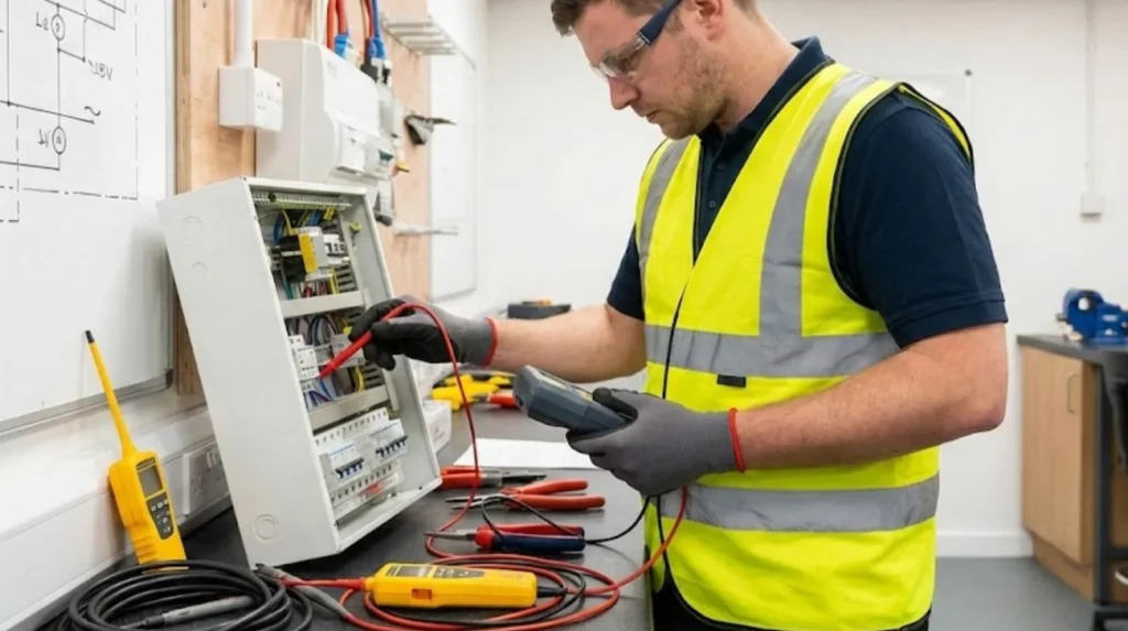 Electrician demonstrating practical testing and installation skills that require hands-on training and cannot be learned through online courses alone