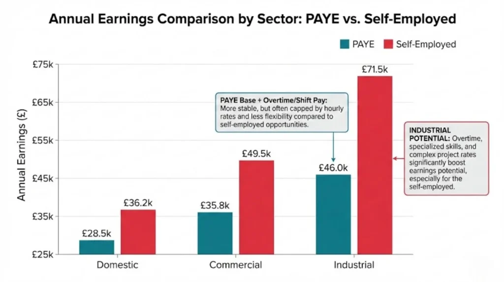 Electrician earnings comparison across domestic, commercial and industrial sectors