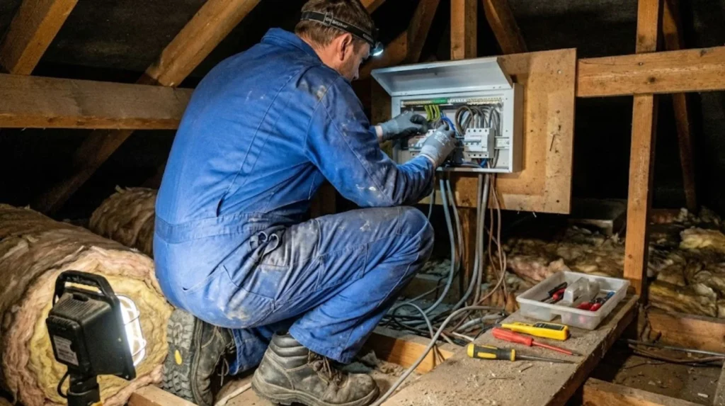 Electrician working on a domestic consumer unit in a loft space