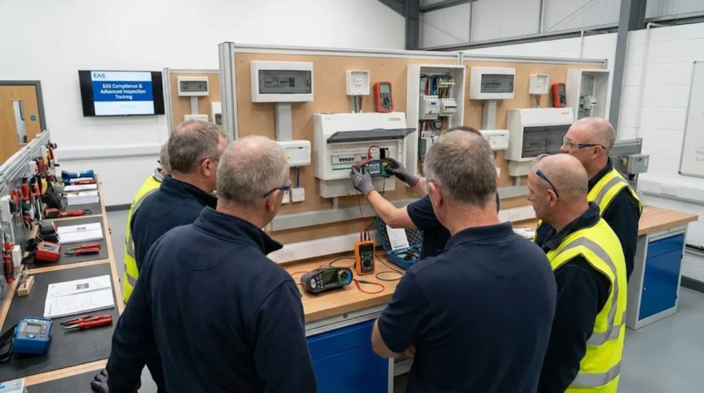 Electricians training on inspection and testing boards in a workshop