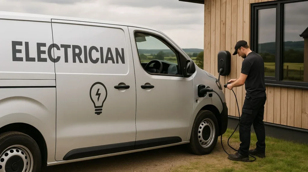 Electrician's van at rural location showing EV charging installation work and high-mileage service area challenges