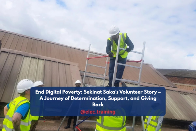 Electrical trainee in safety gear working on scaffolding during an outdoor training activity