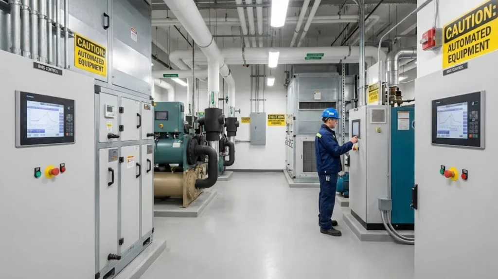 Engineer operating Building Management System control panels in a mechanical plant room with automated equipment.
