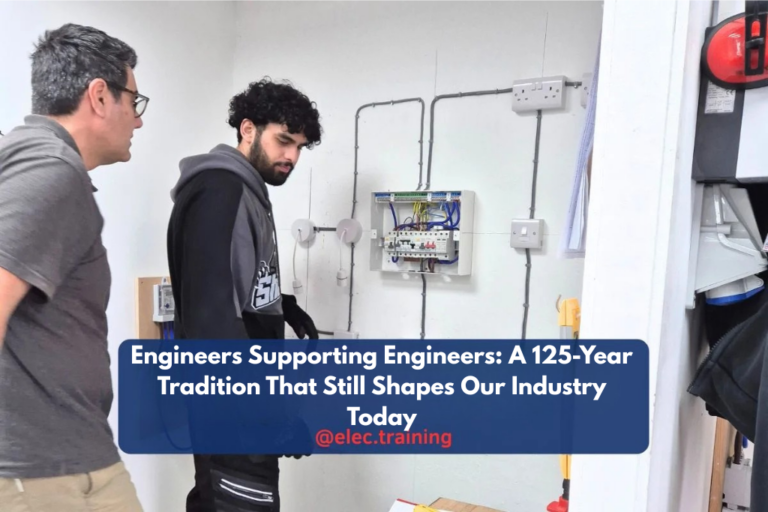 Two electricians reviewing a wall-mounted consumer unit during hands-on training