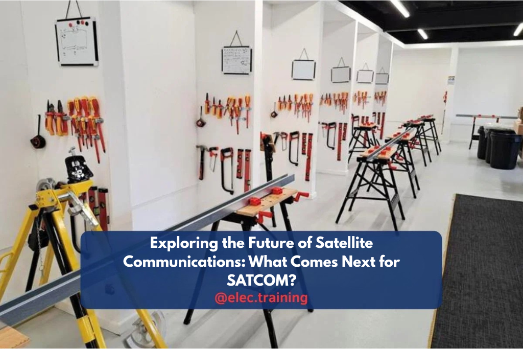 Electrical training workshop with organized wall-mounted tools and multiple workbenches