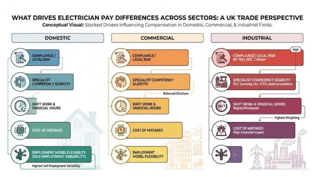 Factors that drive electrician pay differences across domestic, commercial, and industrial sectors in the UK.