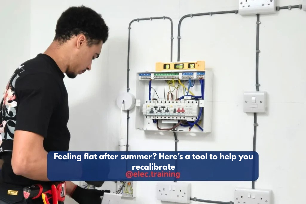 Electrician inspecting a consumer unit on a training wall with conduit and sockets
