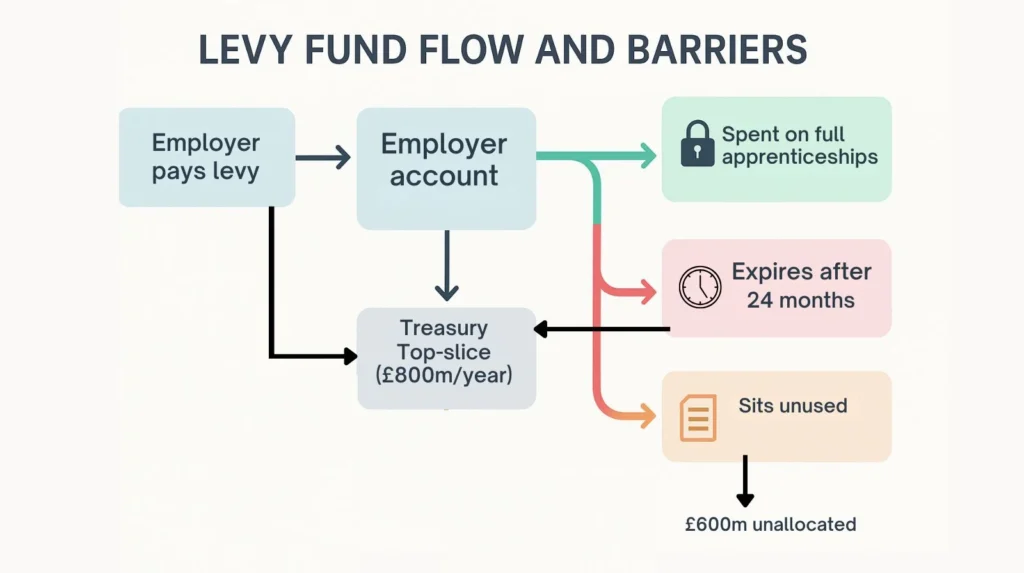 Flow diagram showing UK apprenticeship levy fund distribution and barriers to accessing funds