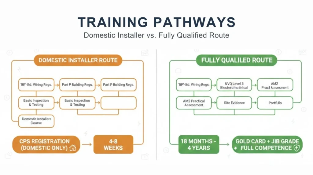 Flowchart comparing domestic installer training pathway versus fully qualified electrician NVQ route