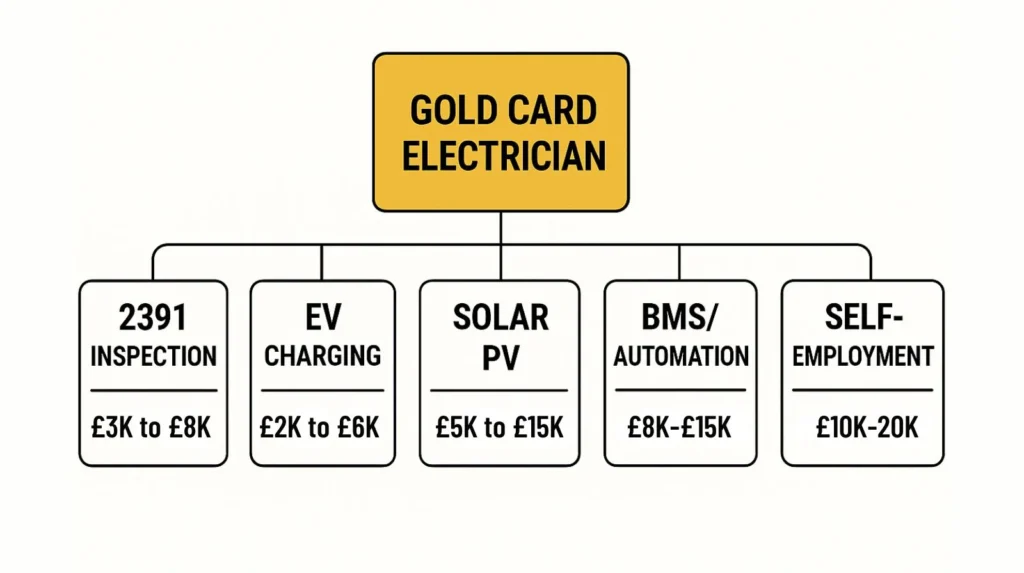 Flowchart showing a Gold Card Electrician in the center branching into five specialisms 2391 Inspection, EV Charging, Solar PV, BMSAutomatio, and Self-Employment