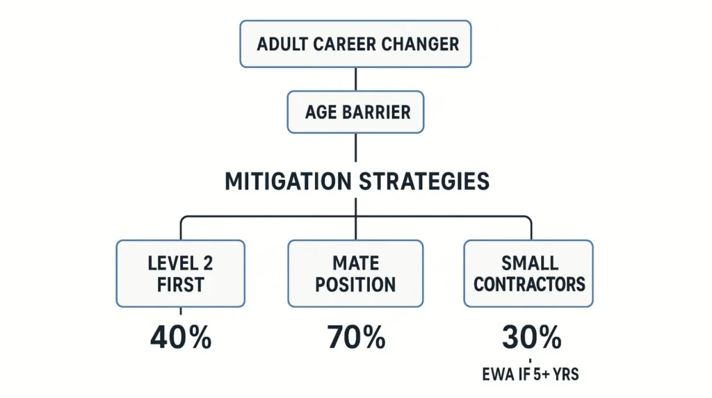 Flowchart showing an adult career changer facing age barriers and three mitigation strategies with success rates