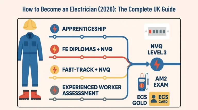 Four routes to qualify as a UK electrician leading to NVQ Level 3, AM2, and the ECS Gold Card.