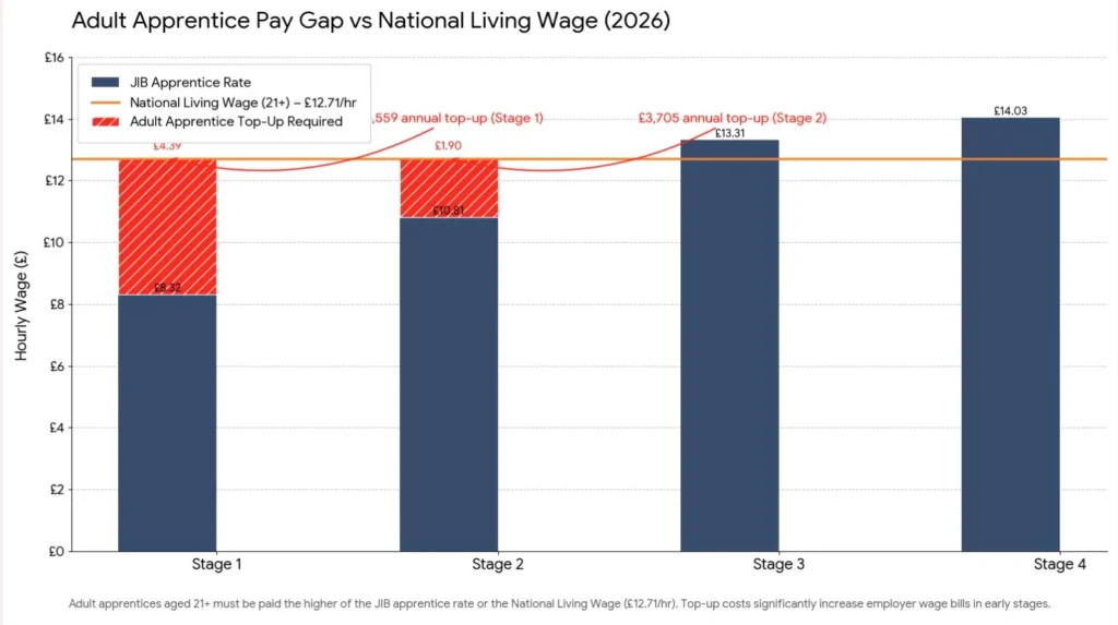 Grouped bar chart comparing JIB apprentice rates (£8.32-14.03) against National Living Wage £12.71 for 21+ workers, highlighting top-up costs of £4.39/hr Stage 1 and £1.90/hr Stage 2 that employers must pay for adult apprentices