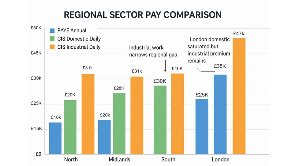 Grouped bar chart comparing PAYE salaries and CIS day rates across regions, showing industrial work reduces geographic pay gaps