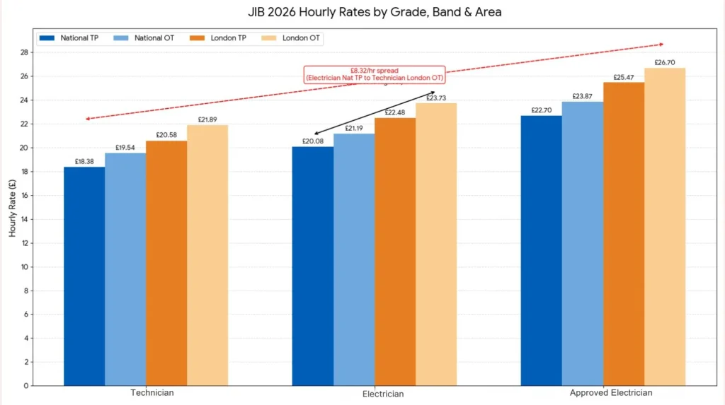 Grouped bar chart showing 2026 JIB hourly rates ranging from £18.38 (Electrician National TP) to £26.70 (Technician London OT) demonstrating structural pay variation across grades, geographic areas, and transport arrangements