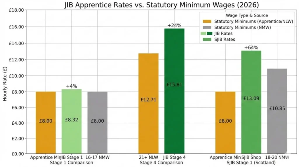 Diagram comparing nominal 2_ JIB apprentice wage increase against real purchasing power showing -1.73_ loss due to 3.8_ CPIH inflation with food, housing, and transport costs rising faster than wages