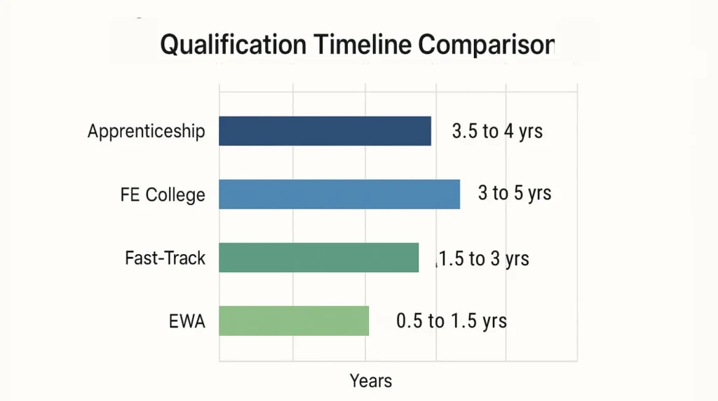 Horizontal bar chart comparing qualification timelines Apprenticeship (3.5–4 years), FE College (3–5 years), Fast-Track (1.5–3 years), and EWA (0.5–1.5 years)