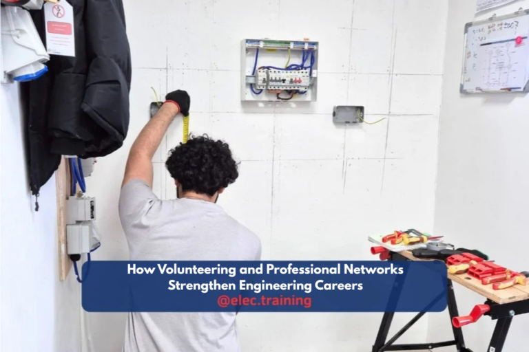 Trainee electrician measuring and preparing wiring on a training wall